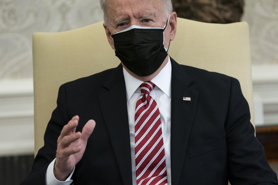 President Joe Biden speaks during a meeting with labor leaders in the Oval Office of the White House, Wednesday, Feb. 17, 2021, in Washington. (AP Photo/Evan Vucci)