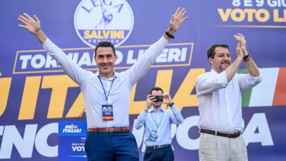 Roberto Vannacci, Lega party candidate for the upcoming European elections and Italian Minister of Infrastructure and Transport Matteo Salvini attend a political meeting organised by Lega political party for the upcoming European elections, at Piazza Santi Apostoli, on June 6, 2024 in Rome, Italy