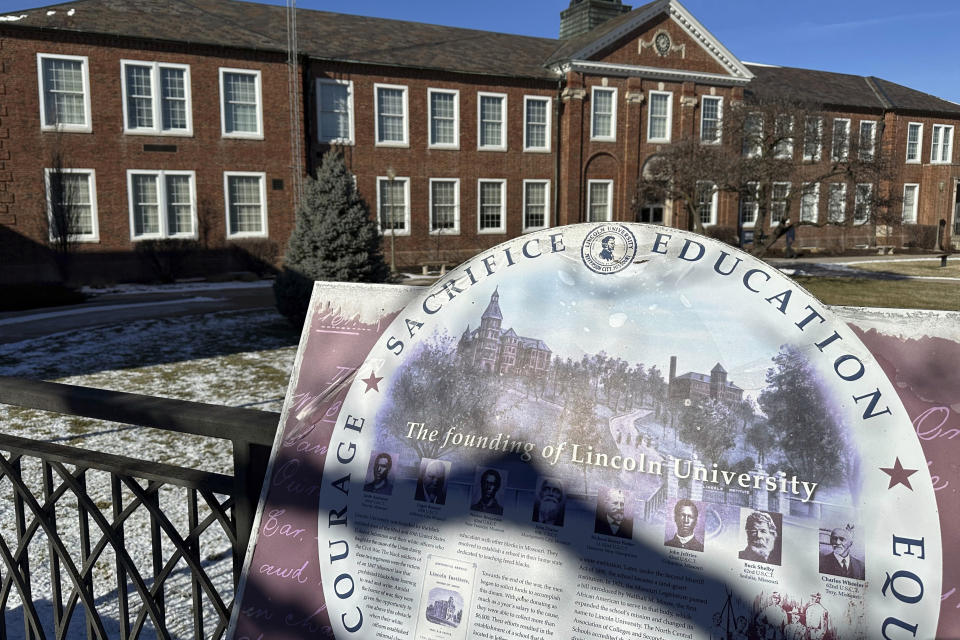 An historical maker is displayed at Lincoln University, Wednesday, Jan. 17, 2024, in Jefferson City, Mo. The historically Black college in Missouri is in turmoil after the suicide of an administrator who alleged she was bullied. Antoinette Bonnie Candia-Bailey's death has spurred student protests at the idyllic red-brick campus in Jefferson City. Moseley agreed last week to go on paid leave pending a third-party investigation, but many of the school's 1,800 students and its alumni group are calling for his termination. (AP Photo/Summer Ballentine)