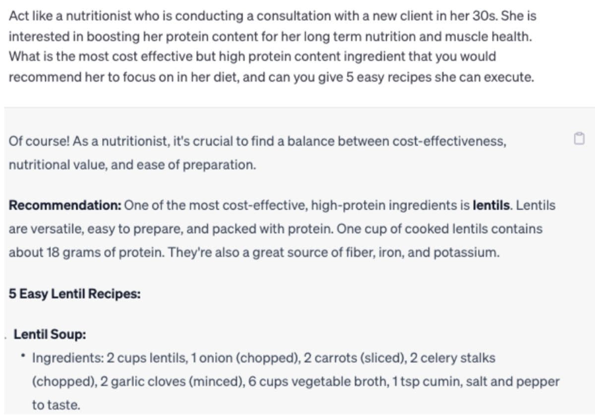 Screenshot of question asked to ChatGPT, 'Act like a nutritionist for a new client in her 30s who wants to boost her protein content for muscle and long-term health'