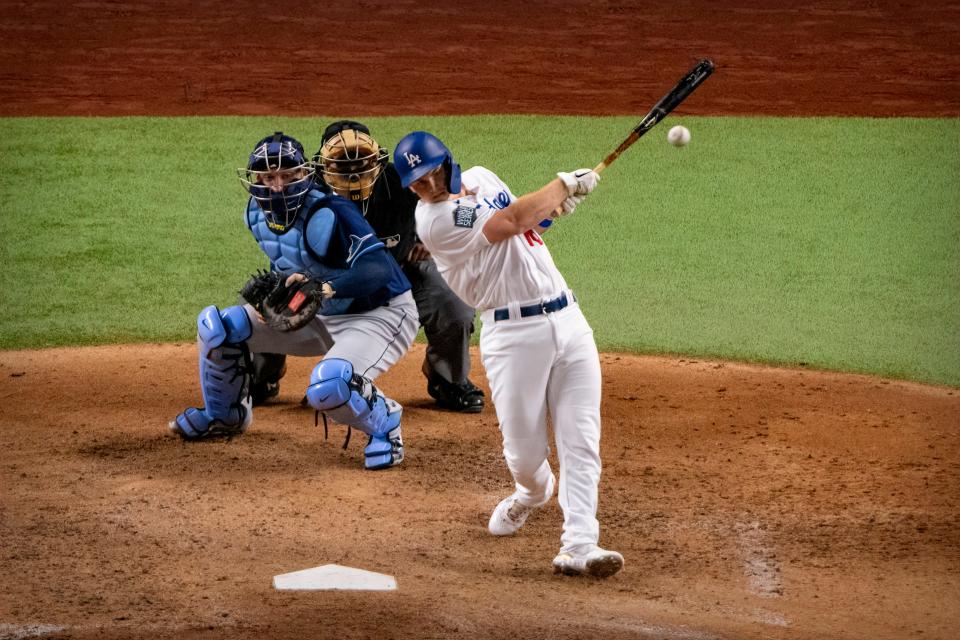 The 2020 World Series has given us a sight we haven't seen before: A designated hitter wearing the Dodgers' white home jerseys.