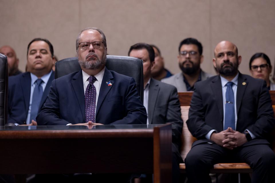 El Paso District Attorney Bill Hicks takes a look at Facundo Chavez as they listen to the victim impact statements after his trial on Thursday, Aug. 10, 2023. An El Paso jury has returned a death penalty sentence for Chavez, who was convicted of killing El Paso Sheriff Deputy Peter Herrera during a 2019 traffic stop.