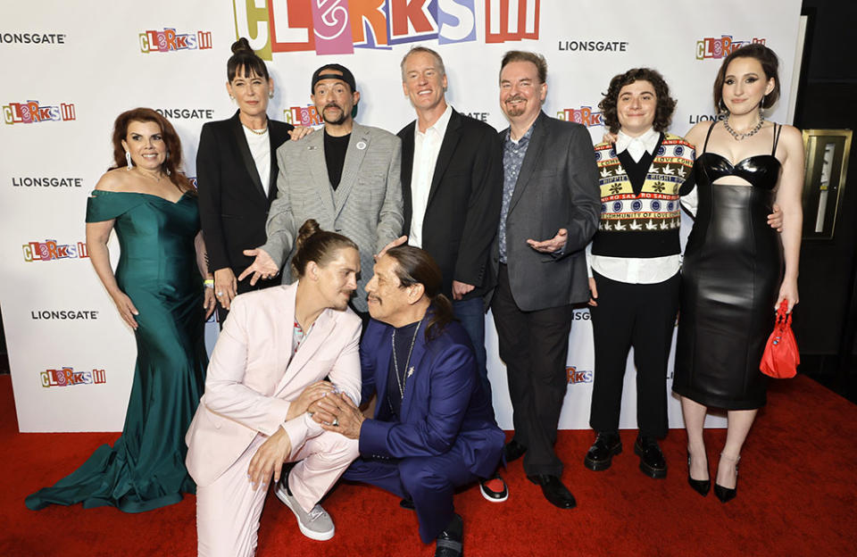 (L-R) Marilyn Ghigliotti, Jennifer Schwalbach Smith, Kevin Smith, Jason Mewes, Danny Trejo, Jeff Anderson, Brian O'Halloran, Austin Zajur and Harley Quinn Smith attend the Los Angeles Premiere of Lionsgate's "Clerks III" at TCL Chinese Theatre on August 24, 2022 in Hollywood, California.