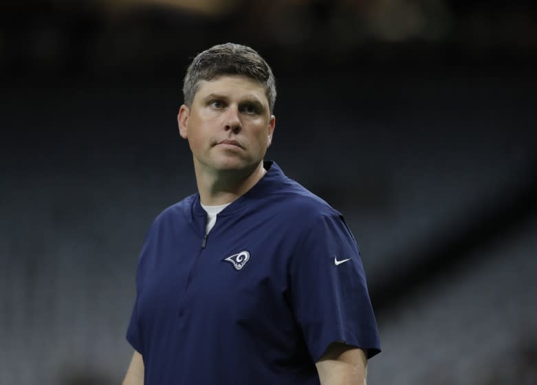 Los Angeles Rams pass game coordinator Shane Waldron is seen before the NFL football NFC championship game against the New Orleans Saints Sunday, Jan. 20, 2019, in New Orleans. (AP Photo/Carolyn Kaster)