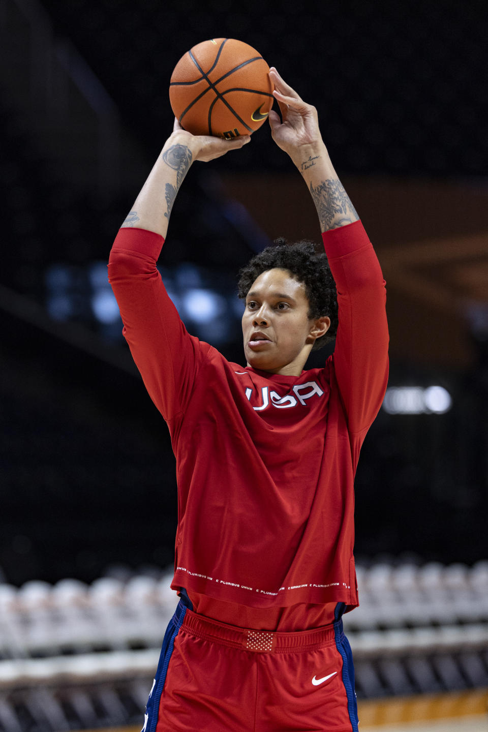 Team USA center Brittany Griner shoots during warmups before an NCAA college basketball exhibition game against Tennessee, Sunday, Nov. 5, 2023, in Knoxville, Tenn. (AP Photo/Wade Payne)