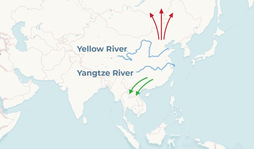 map showing migration of ancient people north from Yellow River area and south from Yangtze River area