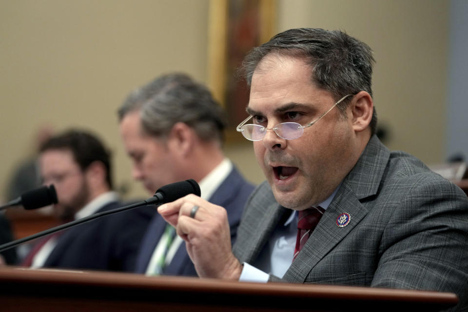 FILE - Rep. Mike Garcia, R-Calif., speaks during the House Select Committee on Intelligence annual open hearing on world wide threats at the Capitol in Washington, Thursday, March 9, 2023. The most vulnerable House Republicans whose elections in swing districts next year will determine which party gains control of the chamber are overwhelmingly voicing their support for House Speaker Kevin McCarthy's impeachment inquiry into President Joe Biden. (AP Photo/Carolyn Kaster, File)