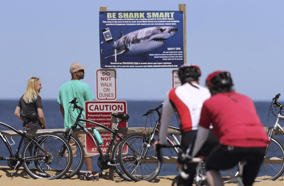 In thiis May 22, 2019, photo, a couple stands next to a shark warning sign while looking at the ocean at Lecount Hollow Beach in Wellfleet, Mass. Cape Cod beaches open this holiday weekend, just months after two shark attacks, one of which was fatal, rattled tourists, locals and officials. Some precautionary new measures, such as emergency call boxes, have yet to be installed along beaches where great whites are known to frequent. (AP Photo/Charles Krupa)