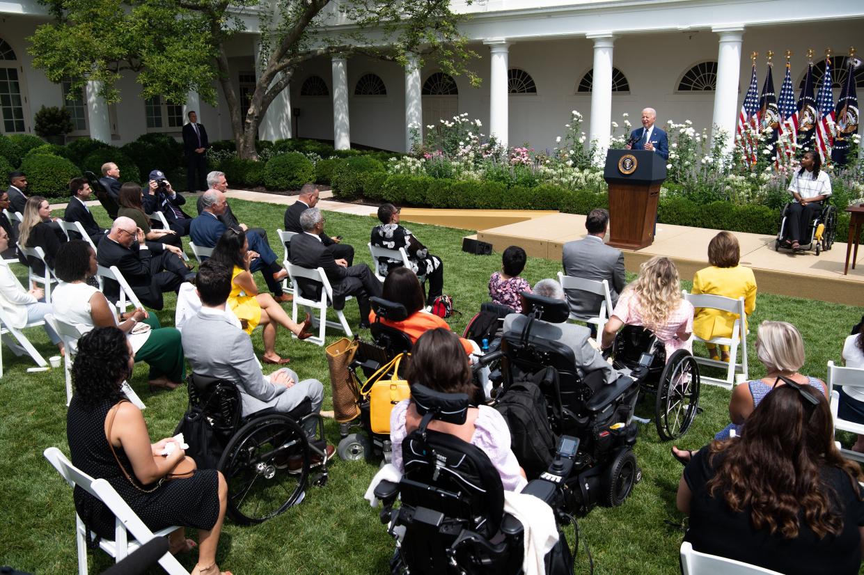 U.S. President Joe Biden speaks during a ceremony commemorating the 31st anniversary of the Americans with Disabilities Act (ADA) in the Rose Garden of the White House in Washington, DC, on July 26, 2021.