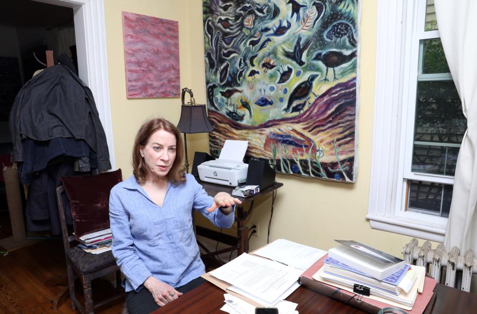 Susan Cooper, a painter and an art therapist who earns about $50,000 a year, at home in Hastings-on-Hudson June 20, 2023. State legislation passed last year giving taxing jurisdictions the ability to raise the limit for the senior citizen exemption from the high $30,000s to the mid-$50,000s. Most of Greenburgh's 10 school districts have done so. Hastings-on-Hudson has not, and Cooper can't get a call back from school officials.