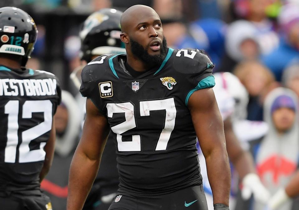 Leonard Fournette was issued a suspension in addition to his ejection Sunday for leaving the sideline to fight. (AP)