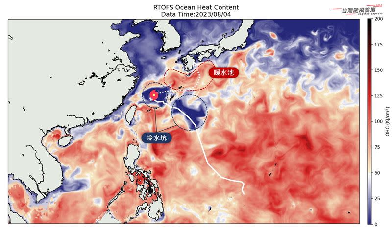 卡努拚命翻攪海水，形成範圍廣大的「冷水坑」。（圖／翻攝自台灣颱風論壇｜天氣特急）