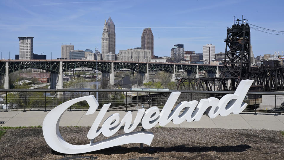 The Cleveland skyline is shown, Tuesday, April 13, 2021, in Cleveland. After going all virtual in 2020 due to the COVID-19 pandemic, the three-day NFL Draft, which has grown into one of America's biggest, non-game sporting events, returns with an outdoor event and thousands of fans. (AP Photo/Tony Dejak)