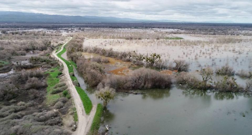 The floodplain at Dos Rios Ranch is inundated by the Tuolumne and San Joaquin rivers near Modesto, Calif., Wednesday, March 15, 2023.