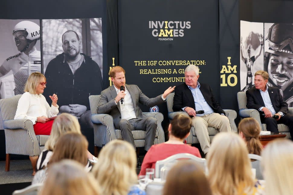 Louise Minchin, Prince Harry, Duke of Sussex, Patron of the Invictus Games Foundation, Sir Keith Mills GBE DL and Ken Fisher
