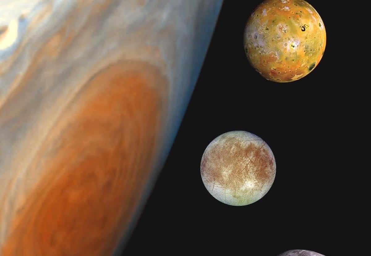 This ‘family portrait’ shows a composite of images of Jupiter, including its Great Red Spot, and its moons ( NASA/JPL/DLR)