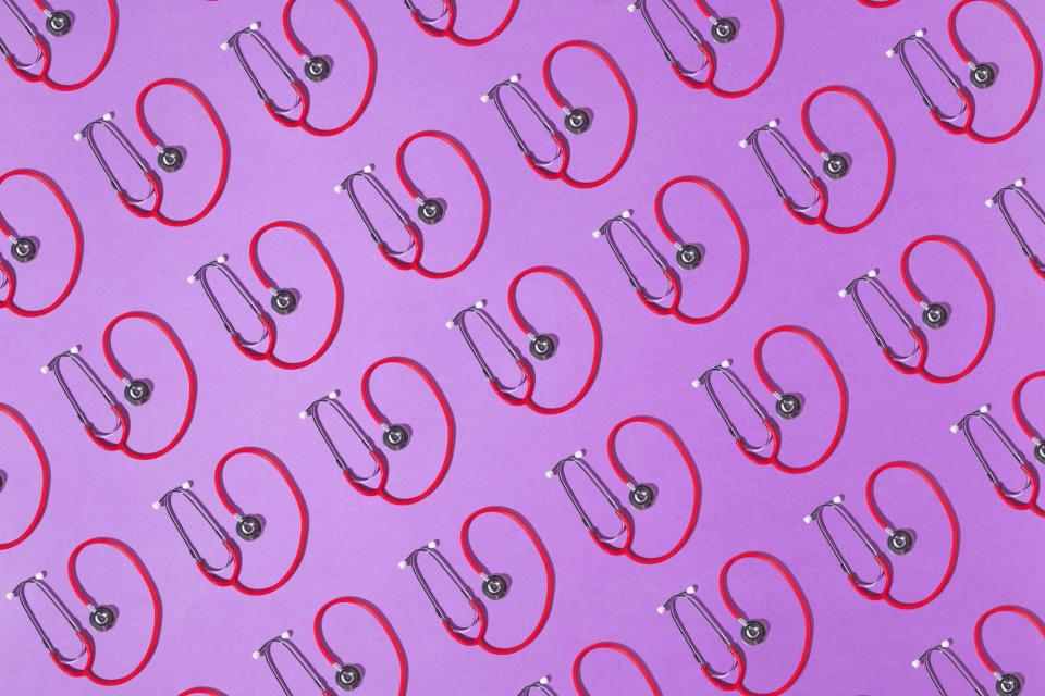 An image of red and silver stethoscopes on a purple background.