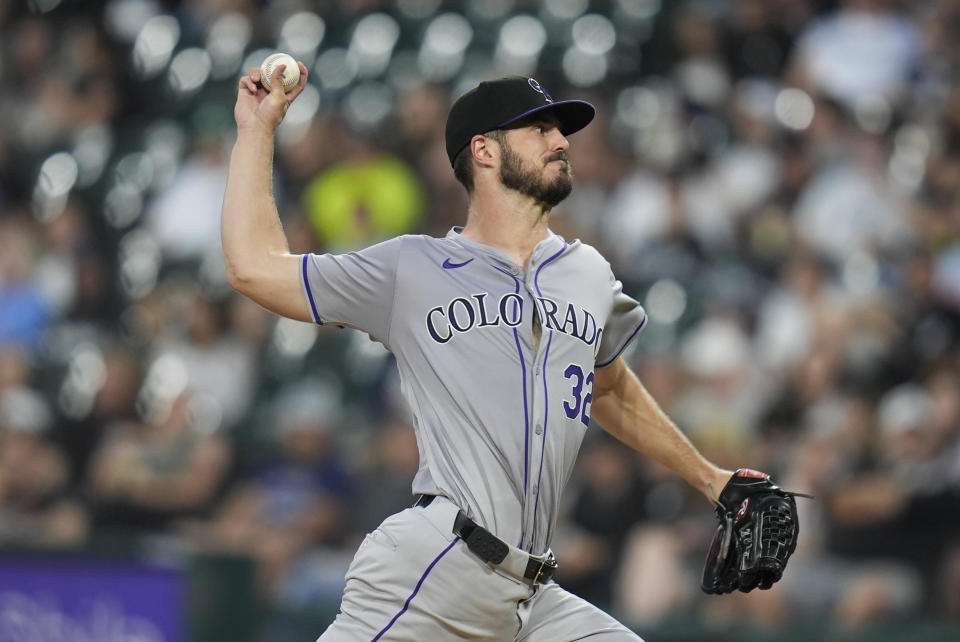 Colorado Rockies starting pitcher Dakota Hudson throws against the Chicago White Sox during the first inning of a baseball game Friday, June 28, 2024, in Chicago. (AP Photo/Erin Hooley)