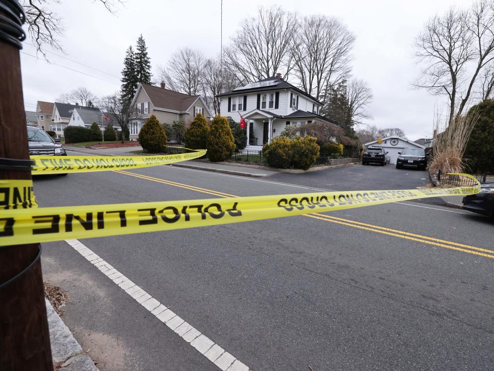 An investigation is underway outside 524 Ash St. in Brockton on Monday, April 2, 2024, following a double shooting investigators believe was a murder-suicide, the DA's office said.