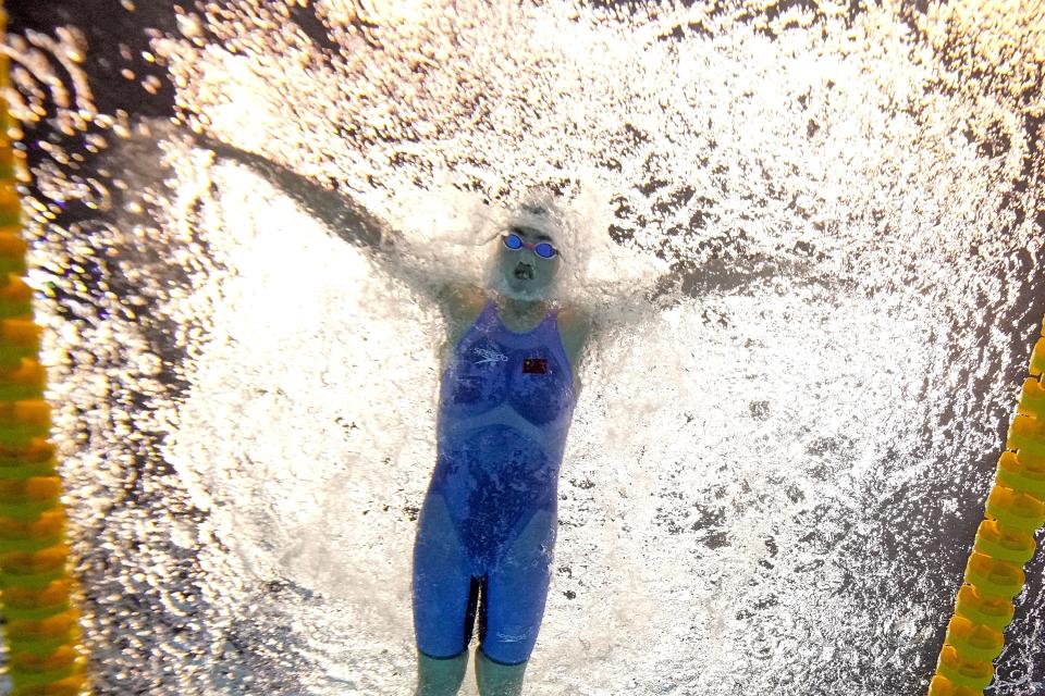 Zhang Yufei, of China competes in the women's 100-meter butterfly final at the World Swimming Championships in Fukuoka, Japan, Monday, July 24, 2023. Zhang won gold. (AP Photo/David J. Phillip)