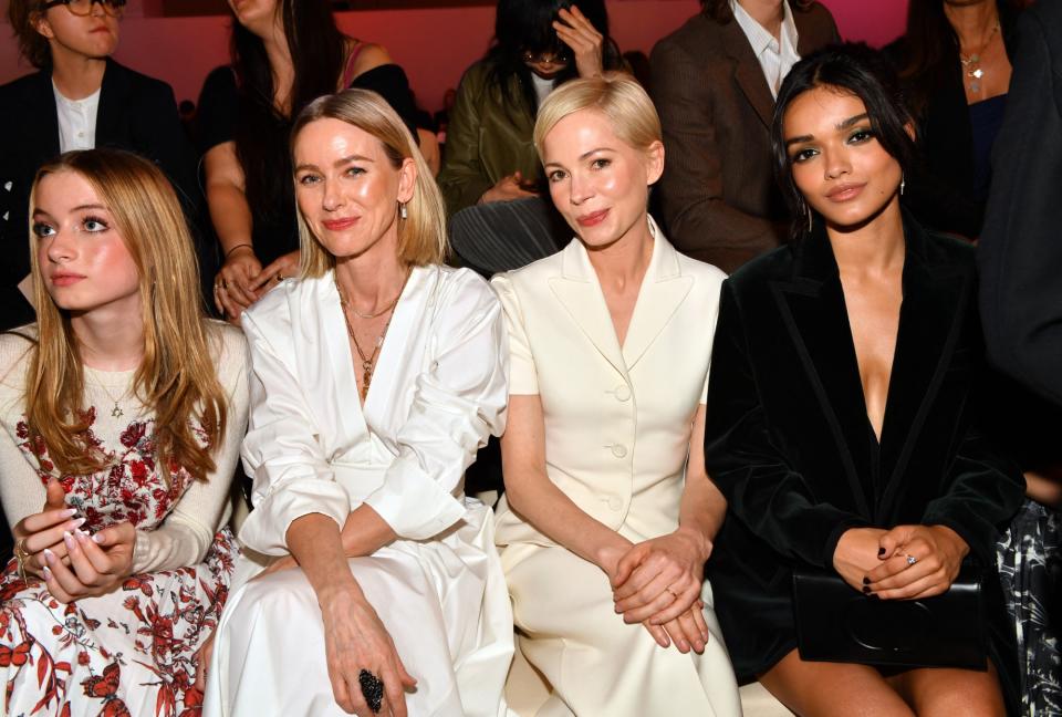 Naomi Watts (2nd L), her daughter Kai (L), US actress Michelle Williams (2nd R) and US actress Rachel Zegler attend the Dior pre-fall fashion show at the Brooklyn Museum in Brooklyn, New York on April 15, 2024. 