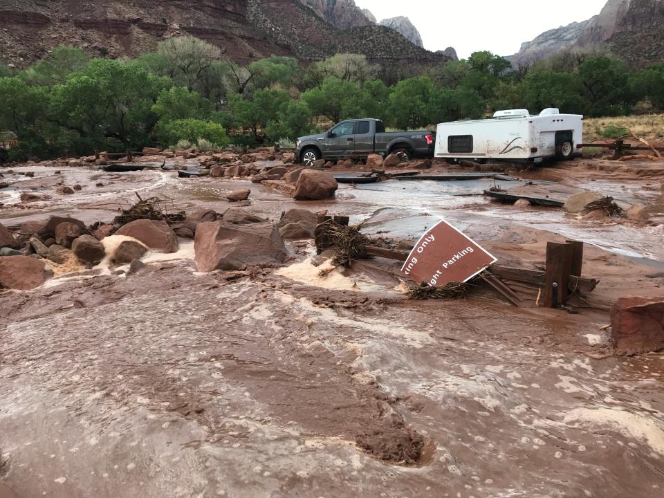 Zion National Park saw extensive flash flooding on Tuesday after thunderstorms dropped more than an inch of rain in one hour. Park officials closed the main roadway through the park and issued warnings asking visitors to avoid the area.