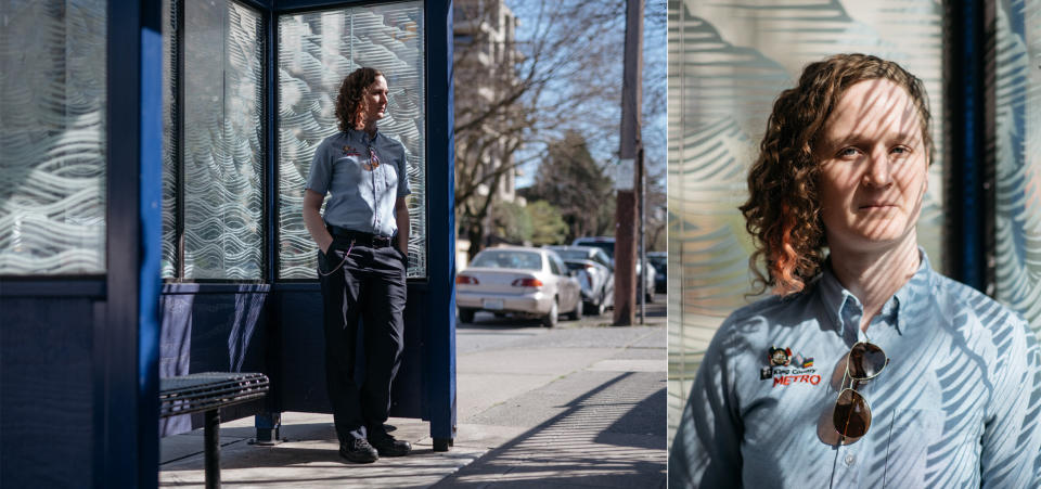 King County Metro bus driver Audrey Monroe poses for a portrait at a bus stop in Capitol Hill in Seattle on April 8, 2020. Monroe, like many other drivers, has chosen to take personal time off instead of risking exposure to the novel coronavirus. (Photo: Grant Hindsley for HuffPost)