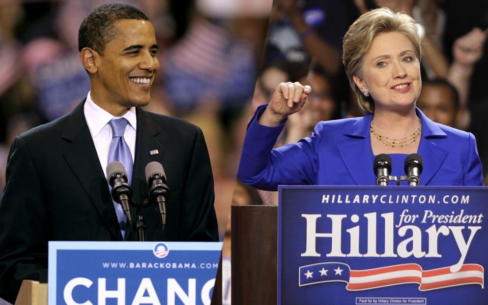 Democratic presidential candidate Sen. Barack Obama speaks at a rally in 2008; Democratic presidential hopeful Sen. Hillary Rodham Clinton addresses supporters in South Dakota and Montana. (Photos: Morry Gash/AP, Julie Jacobson/AP)