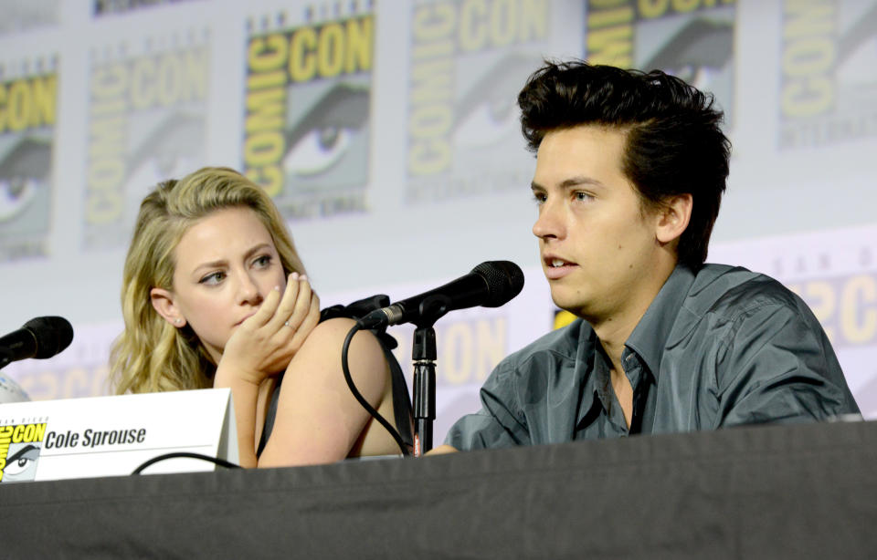 SAN DIEGO, CALIFORNIA - JULY 21: Lili Reinhart and Cole Sprouse speak at the "Riverdale" Special Video Presentation and Q&A during 2019 Comic-Con International at San Diego Convention Center on July 21, 2019 in San Diego, California. (Photo by Albert L. Ortega/Getty Images)