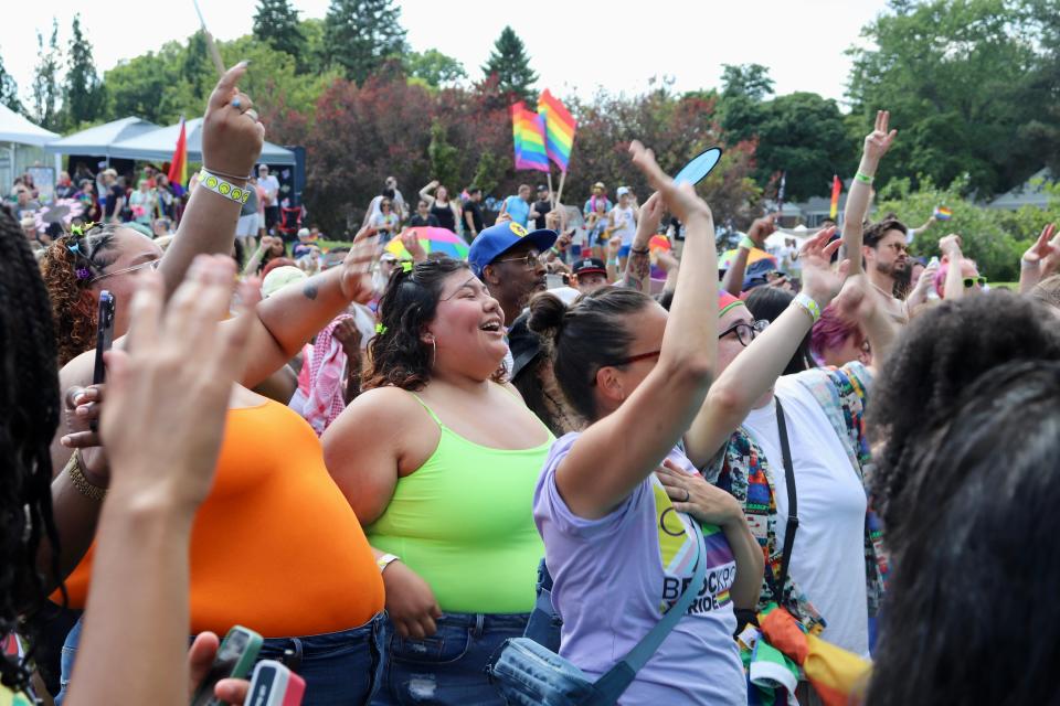 Attendees cheer headliner Nina Sky at the Rochester Pride Parade and Festival on July 20, 2024