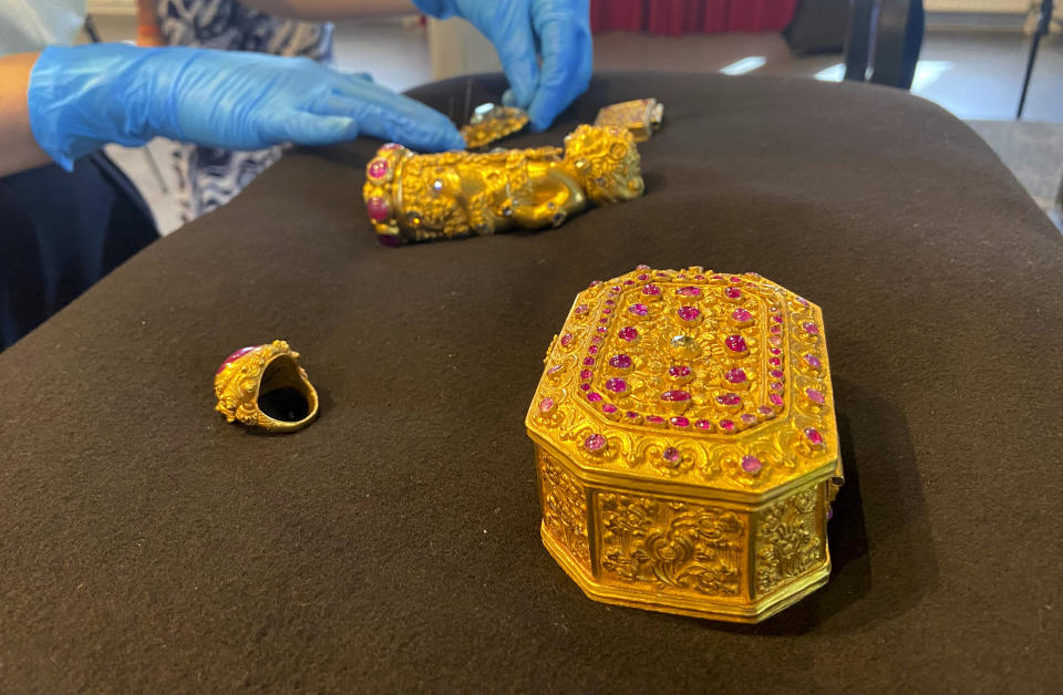 Cultural artefacts are handed back to Indonesia during a ceremony in Leiden, Netherlands, Monday, July 10, 2023. The Netherlands and Indonesia on Monday have hailed the return of hundreds of cultural artefacts taken, sometimes by force, during colonial times as a major step forward in restitution efforts worldwide. (AP Photo/Aleksandar Furtula)
