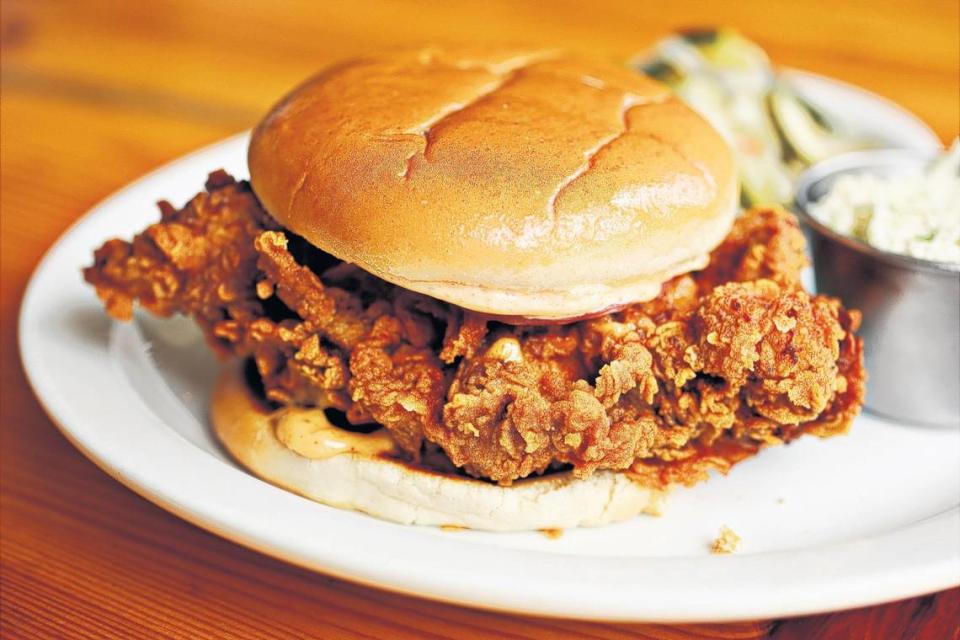 Picnic’s take on the fried chicken sandwich stands alone among Southern barbecue spots. Picnic starts with a boneless thigh and tops it with pickled onions and Old Bay aioli.