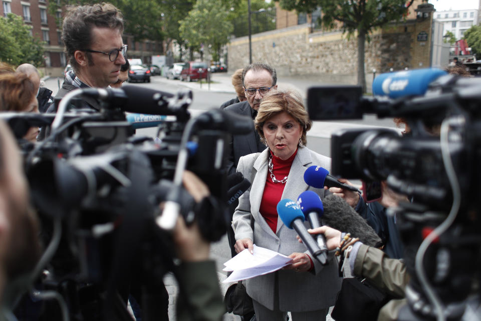 American lawyer Gloria Allred gives a press conference, in Paris, Tuesday, May 28, 2019. The lawyer for a woman who filed a rape complaint in Paris against Chris Brown says the American rap artist "has thumbed his nose at and shown disrespect for the French legal system" after he did not attend a confrontation with the alleged victim Tuesday. (AP Photo/Thibault Camus)