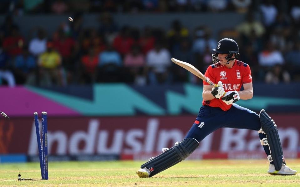 Harry Brook of England is bowled by Kuldeep Yadav of India during the ICC Men's T20 Cricket World Cup West Indies & USA 2024 Semi-Final match between India and England at Providence Stadium on June 27, 2024 in Georgetown, Guyana