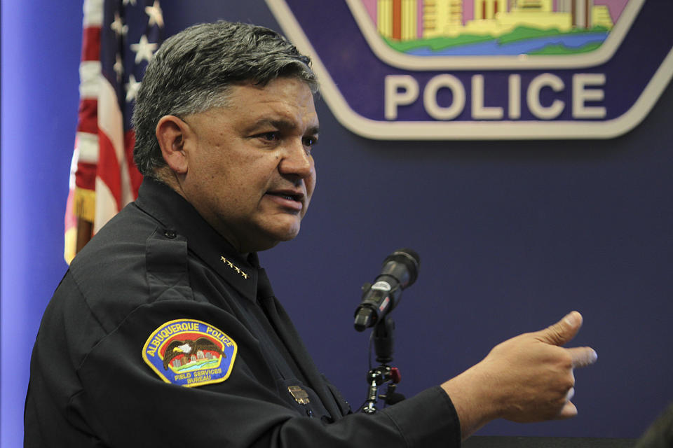 Albuquerque Police Chief Harold Medina discusses a timeline of DWI dismissals dating back to 2015 during a news conference at police headquarters in Albuquerque, New Mexico, on Friday, Feb. 2, 2024. Medina presented the timeline while addressing an ongoing internal investigation into allegations of possible corruption within the DWI unit. Federal authorities are conducting a separate investigation. No charges have been filed. (AP Photo/Susan Montoya Bryan)