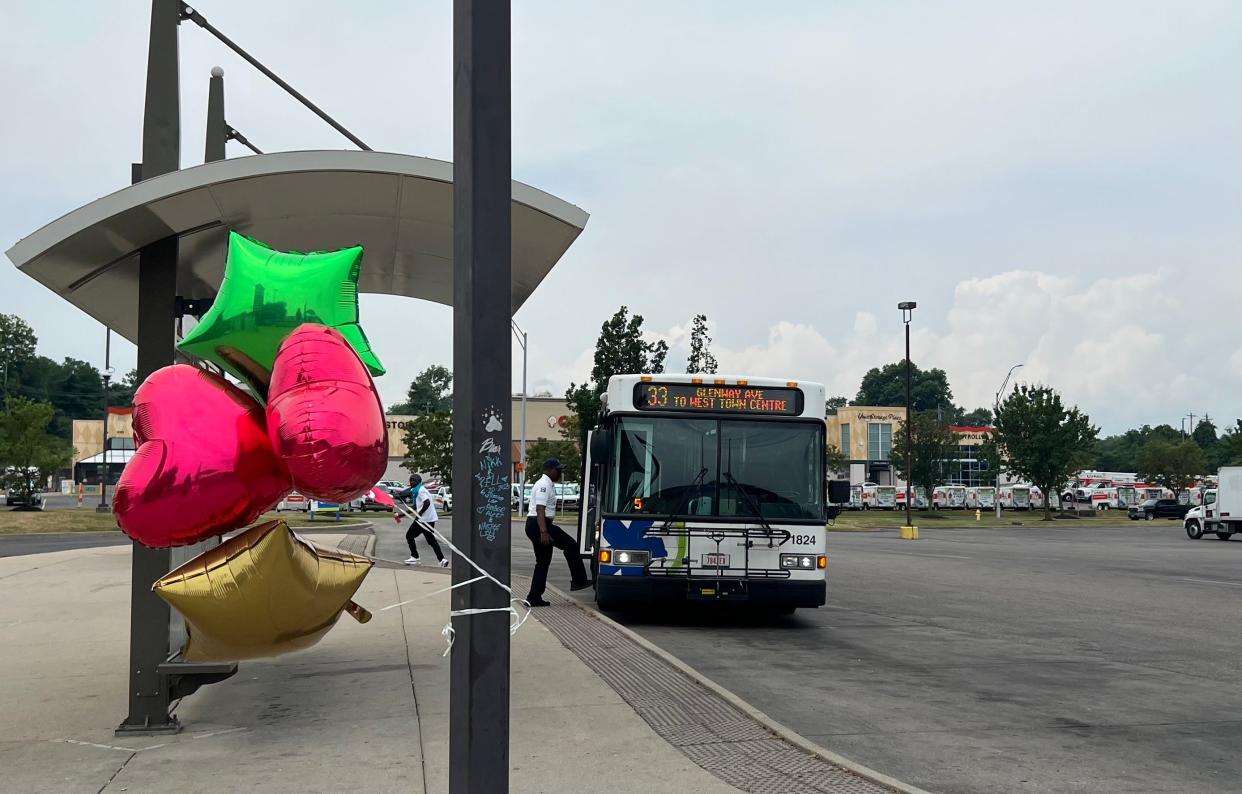 A balloon bouquet went up Wednesday at the Glenway Crossing Metro stop where a bus hit and killed a pedestrian Tuesday night.