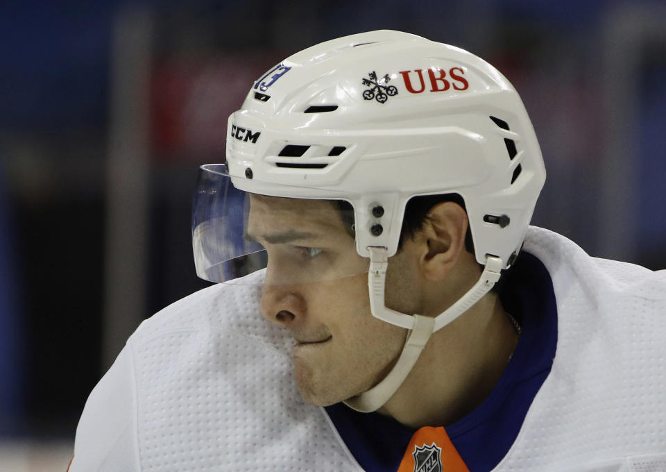 New York Islanders' Mathew Barzal skates against the New York Rangers during the third period of an NHL hockey game Thursday, Jan. 14, 2021, in New York. (Bruce Bennett/Pool Photo via AP)