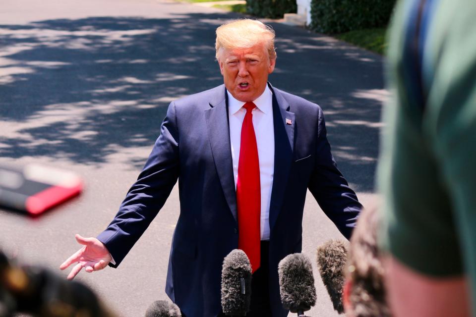 President Trump speaks to the press as he departs the White House in Washington, DC on June 26, 2019. - Trump is traveling to Osaka, Japan, for the G20 Summit.