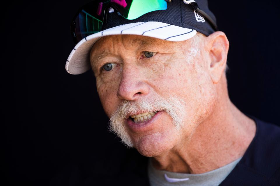 New York Yankees guest instructor Rich "Goose" Gossage speaks with a member of the media during a spring training baseball workout Friday, Feb. 17, 2017, in Tampa, Fla.