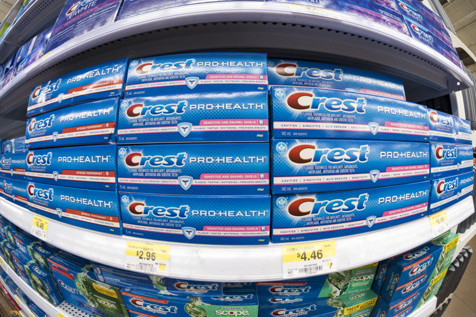 TORONTO, ONTARIO, CANADA - 2016/09/18: Crest pro health toothpaste arranged on display in a store shelf. (Photo by Roberto Machado Noa/LightRocket via Getty Images)