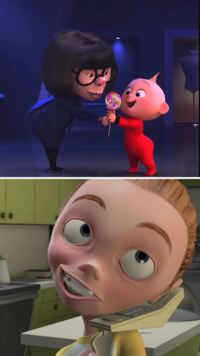 Edna Mode babysitting Jack Jack in "Incredibles 2;" Kari the babysitter from "The Incredibles"