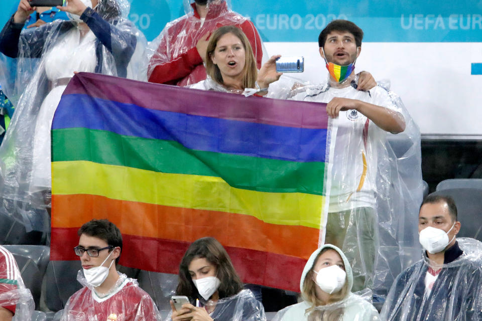 MUNICH, GERMANY - JUNE 23: supporters of Germany with rainbow flags during the    match between Germany v Hungary at the Allianz Arena on June 23, 2021 in Munich Germany (Photo by Laurens Lindhout/Soccrates/Getty Images)