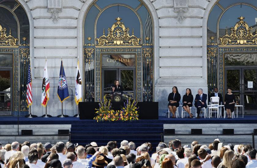 San Francisco, CA - October 05: U.S. House Speaker Emerita Nancy Pelosi speaks during the funeral services for the late U.S. Senator Dianne Feinstein(D-CA) on Thursday, Oct. 5, 2023, in San Francisco, CA. (Gina Ferazzi / Los Angeles Times)