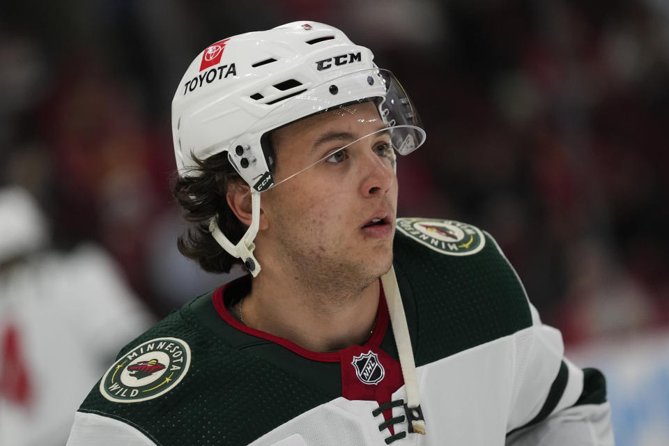 Minnesota Wild defenseman Brock Faber before an NHL hockey game against the Chicago Blackhawks, Wednesday, Feb. 7, 2024, in Chicago. (AP Photo/Erin Hooley)