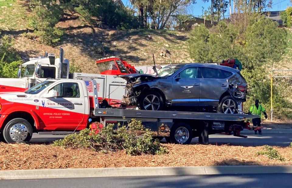 The vehicle driven by Tiger Woods, who was travelling at almost twice the legal speed limit of 45mph when he crashed his car in Los Angeles in February 2021 (Keiran Southern/PA) (PA Wire)