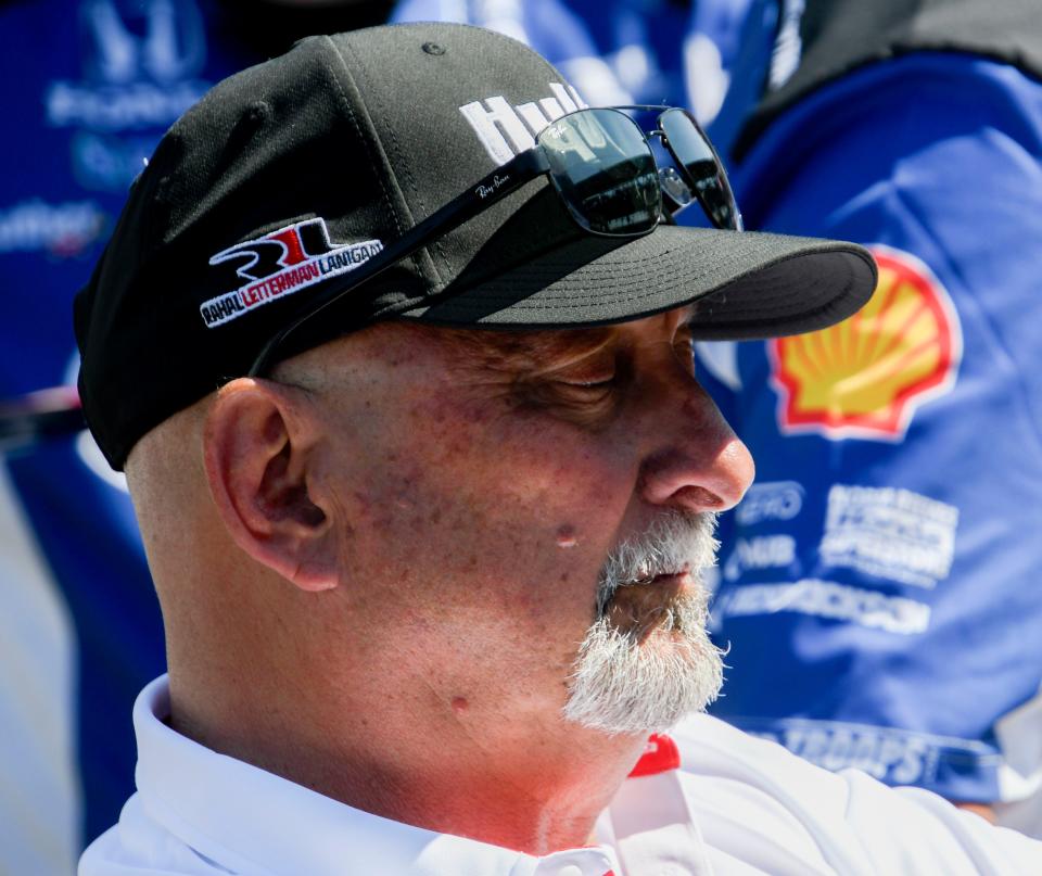 Bobby Rahal watches as three of his cars compete in last chance qualifying Sunday, May 21, 2023, during the second day of qualifying ahead of the 107th running of the Indianapolis 500 at Indianapolis Motor Speedway. 