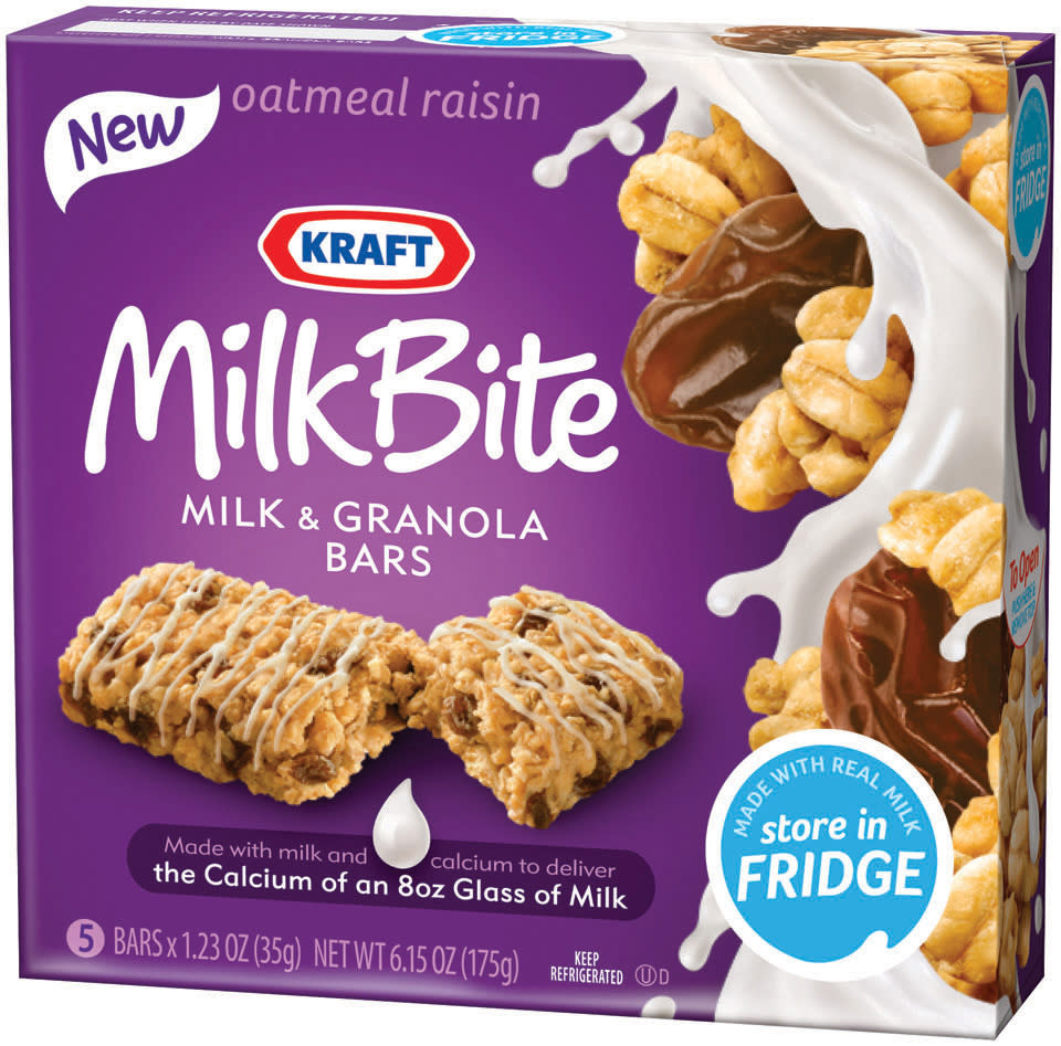 This product photo provided by Kraft Foods Inc., shows a box of oatmeal raisin Kraft MilkBite, milk and granola bars. On-the-go Americans are increasingly consuming their morning calories over several hours instead of sitting down to devour a plate of pancakes, bacon and eggs in one sitting. (AP Photo/Kraft Foods Inc.)