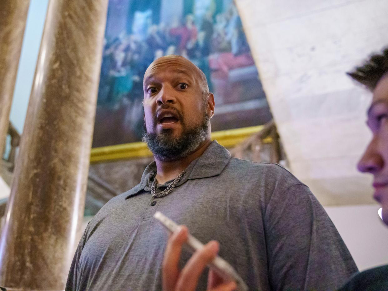 Harry Dunn, a US Capitol Police officer who faced the rioters on 6 January, pictured on 25 June, 2021. House Speaker Nancy Pelosi announced Thursday she's creating a special committee to investigate the attack by a mob of Trump supporters who sought to interrupt the certification of Joe Biden's presidential election victory. (AP Photo/J. Scott Applewhite) (AP)