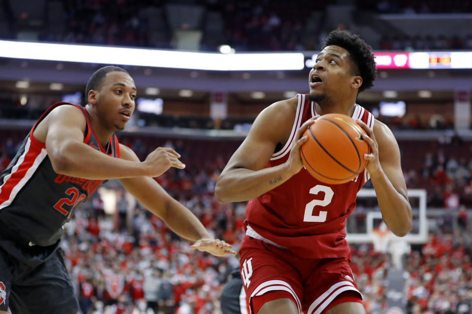 Feb 21, 2022; Columbus, Ohio, USA; Indiana Hoosiers center Michael Durr (2) looks to shoot the ball defended by Ohio State Buckeyes forward Zed Key (23) during the first half at Value City Arena. Credit: Joseph Maiorana-USA TODAY Sports