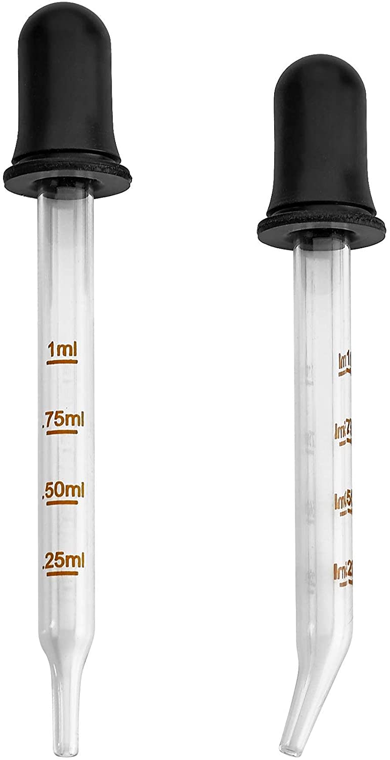 MEDca Eyedropper glass pipettes, one straight and one with an angled tip